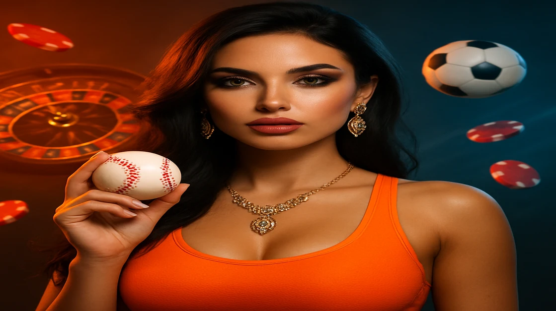 কমলা টপ পরা ট্যাটু-সমৃদ্ধ এক শক্তিশালী নারী একটি বেসবল ধরেছেন; xbaj ব্র্যান্ড-সংলগ্ন ঘূর্ণায়মান চক্র, চিপস, ও উড়ন্ত ফুটবল চারপাশে ছড়িয়ে আছে।
