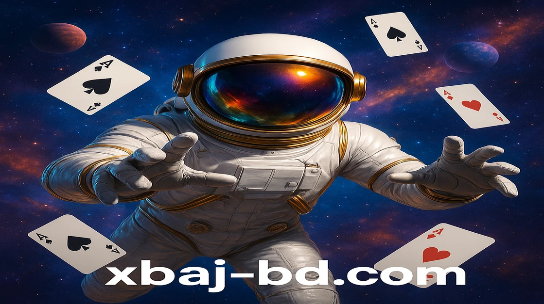 আলোকিত স্পেসস্যুট পরা নভচারী, 'Spaceman' লেবেলসহ, xbaj-র মহাশূন্যে গ্রহগুলোর সাথে ও নিয়ন্ত্রণ প্যানেলগুলোর মাঝখানে ভাসছে।