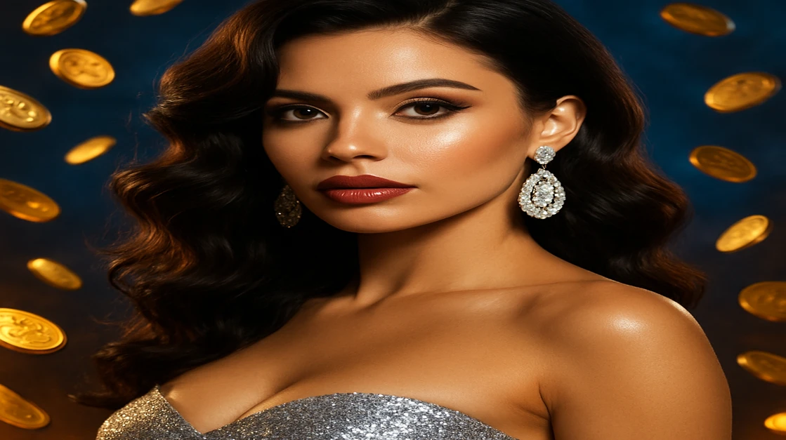 গ্ল্যামারাস নারী চকচকে পোশাক পরে, ভাসমান স্বর্ণ মুদ্রা ও জ্বলন্ত xbaj-এর গেমিং প্ল্যাটফর্ম-থিমা পটভূমি সহ