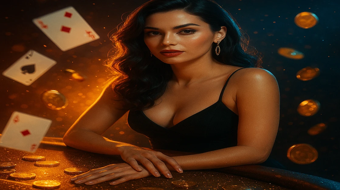 গাঢ় পোশাকধারী এক নারী xbaj এর গেমিং টেবিলে হেলান দিয়ে রয়েছেন; চারদিকে উড়ে আসা কার্ড ও সোনালি মুদ্রা ছড়িয়ে আছে, পাশে লগইন টেক্সট।