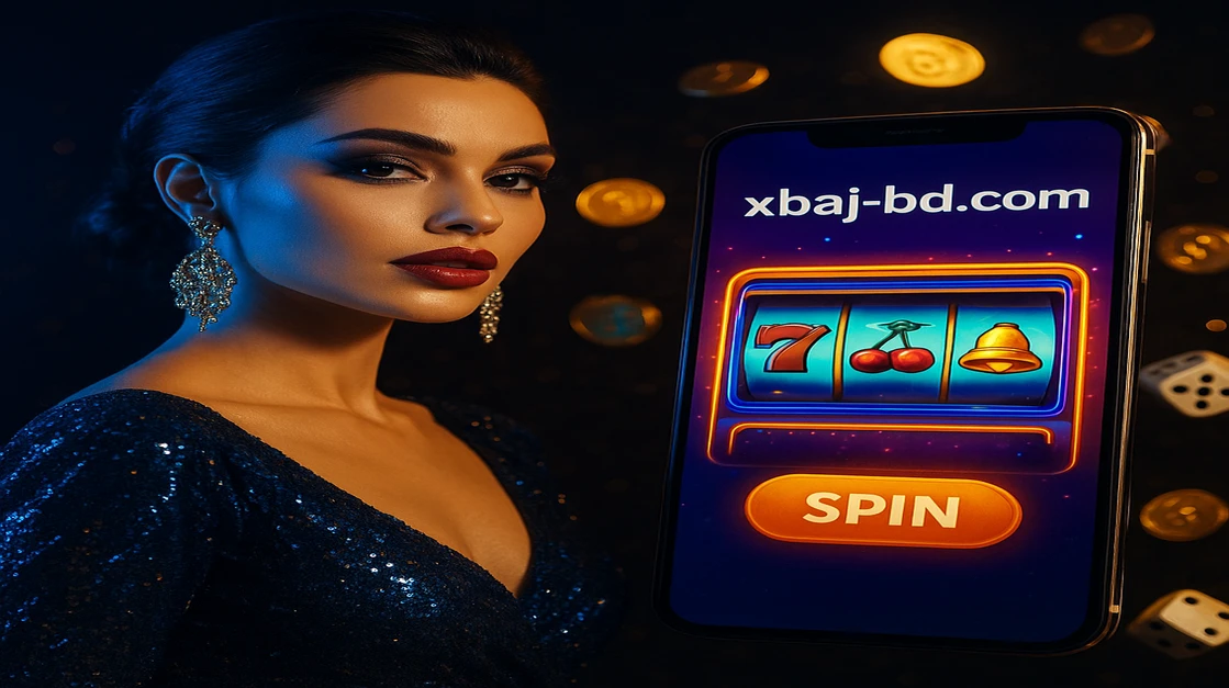 xbaj এর স্টাইলিশ নারী স্মার্টফোনটি ধরে আছেন, স্ক্রিনে একটি বিনোদনমূলক গেম চলছে; চারপাশে ঘুরে থাকা টোকেন ও খেলার চিহ্ন ছড়িয়ে আছে।