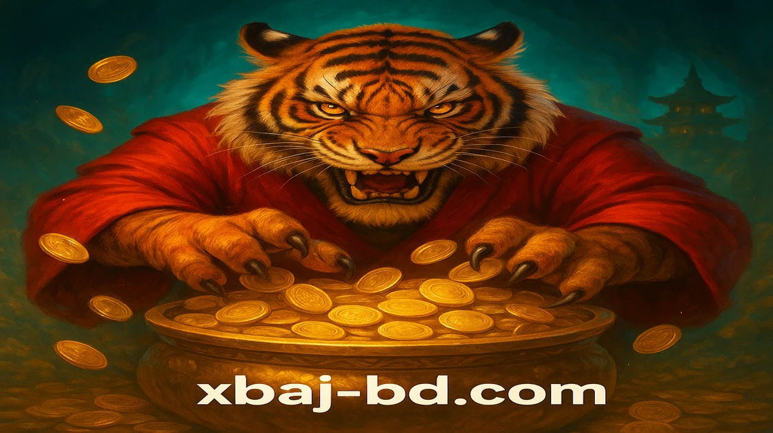 xbaj ব্র্যান্ডের স্টাইলাইজড বাঘ লাল পোশাক পরা, স্বর্ণ মুদ্রা ধরছে; পটভূমিতে এশীয় মন্দির এবং চারদিকে সোনালি আলো ছড়িয়ে রয়েছে।